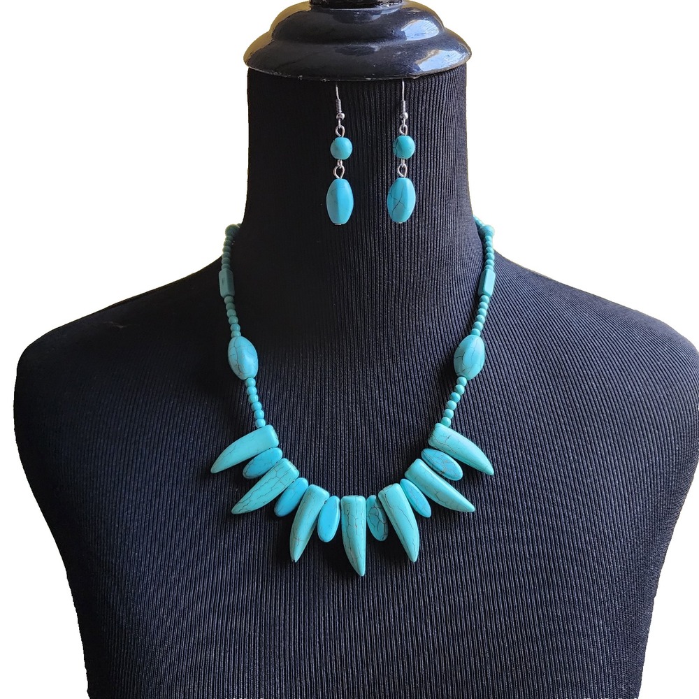Turquoise Reconstructed Stone Points Bead Choker Necklace/Earrings Boho Retro
